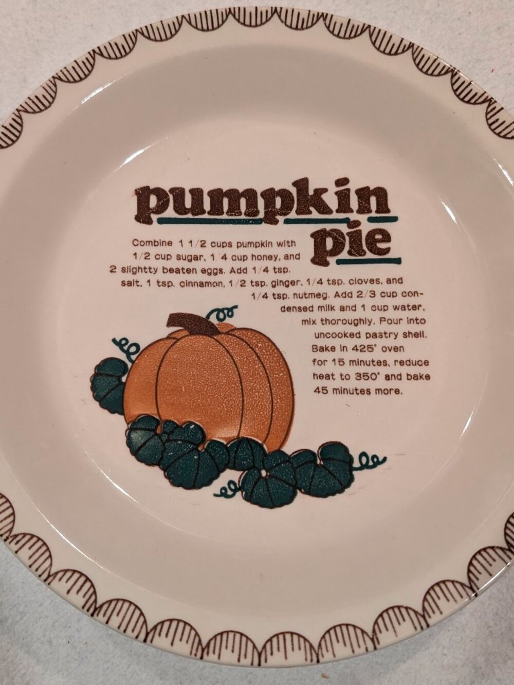 Vintage Muir Glen Pottery Pumpkin Pie Recipe Dish 10.5" Japan Fall Decor - 1341